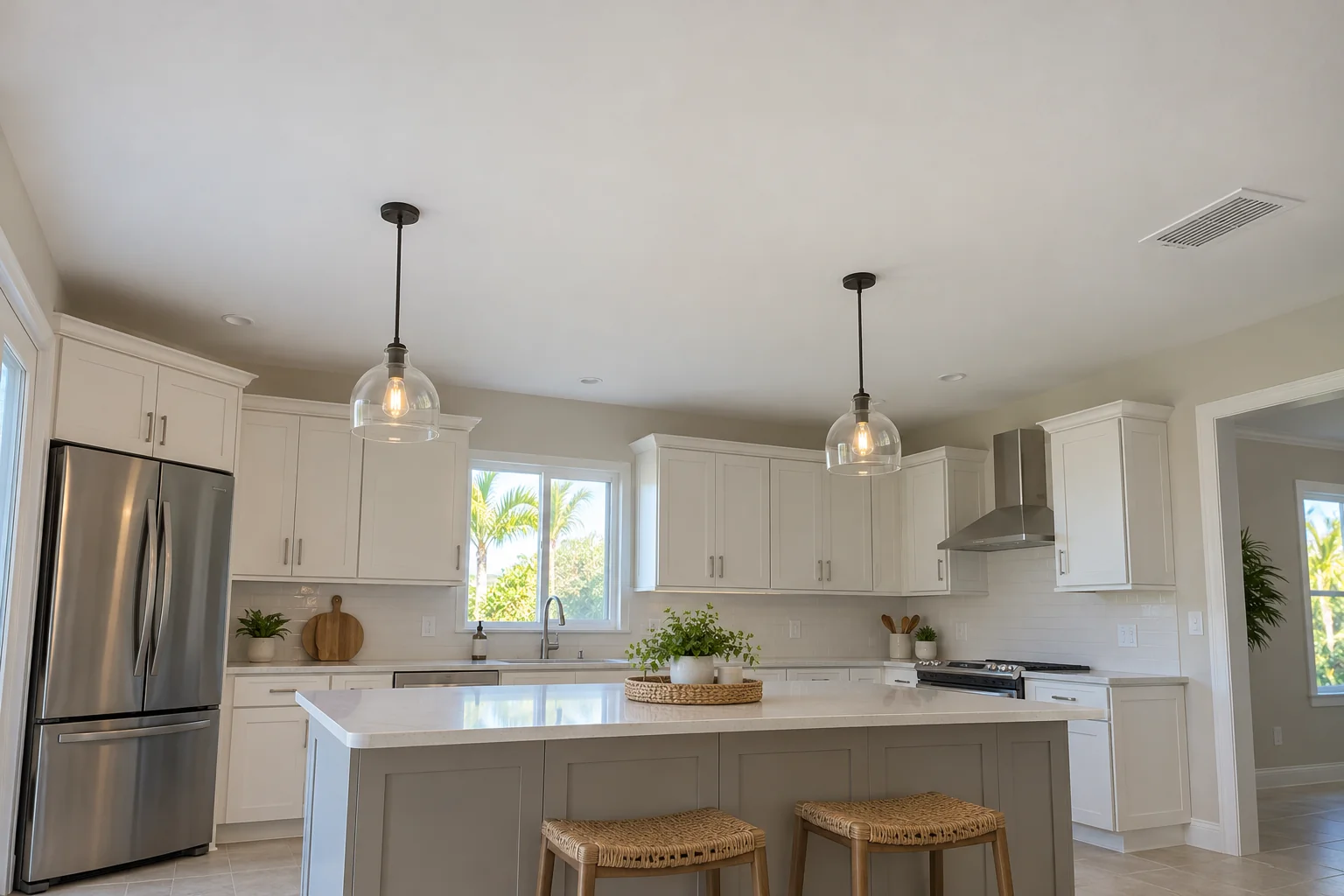 Continuous finished kitchen ceiling above an island and pendant lights.