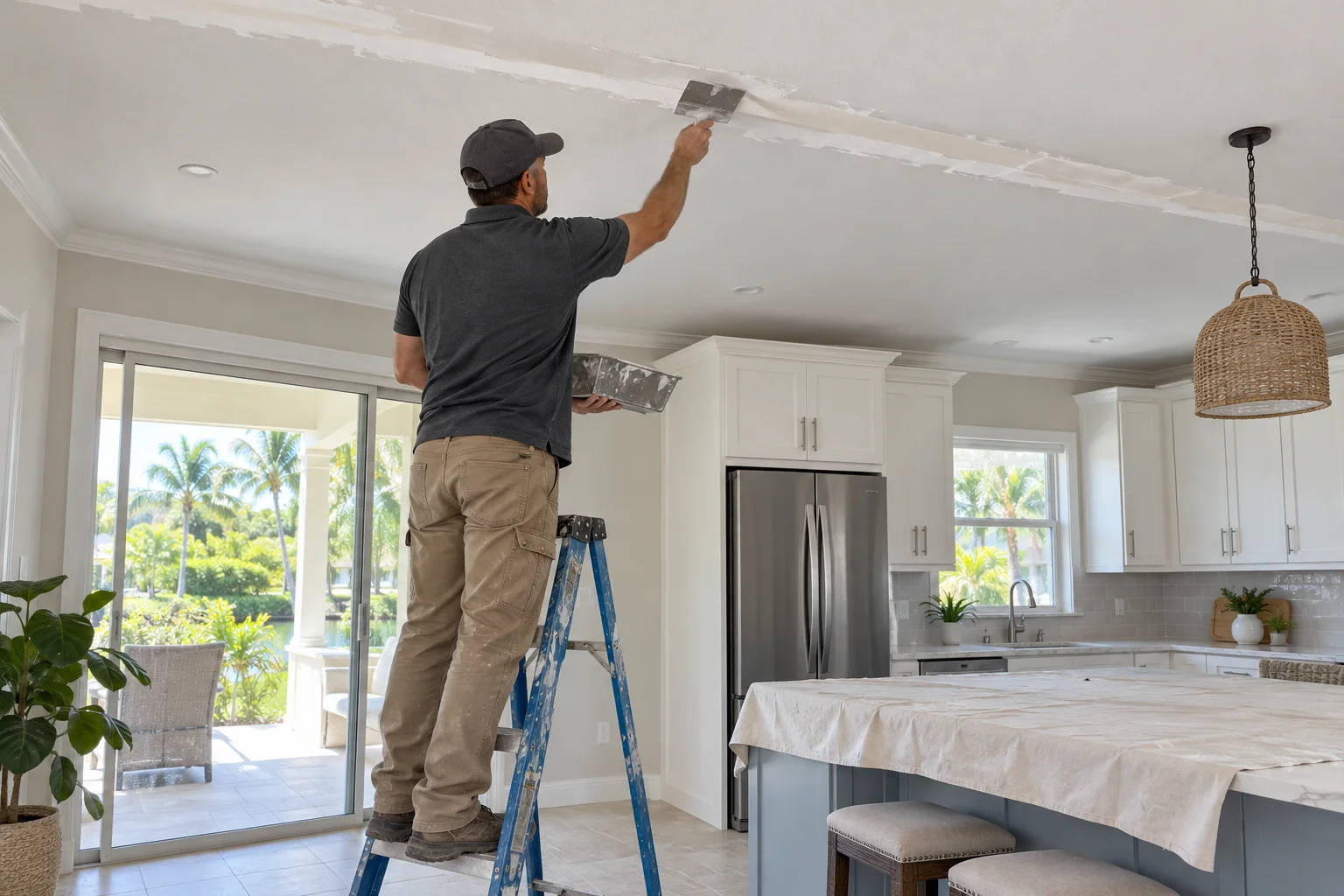 Crew member taping a long seam in a kitchen ceiling.
