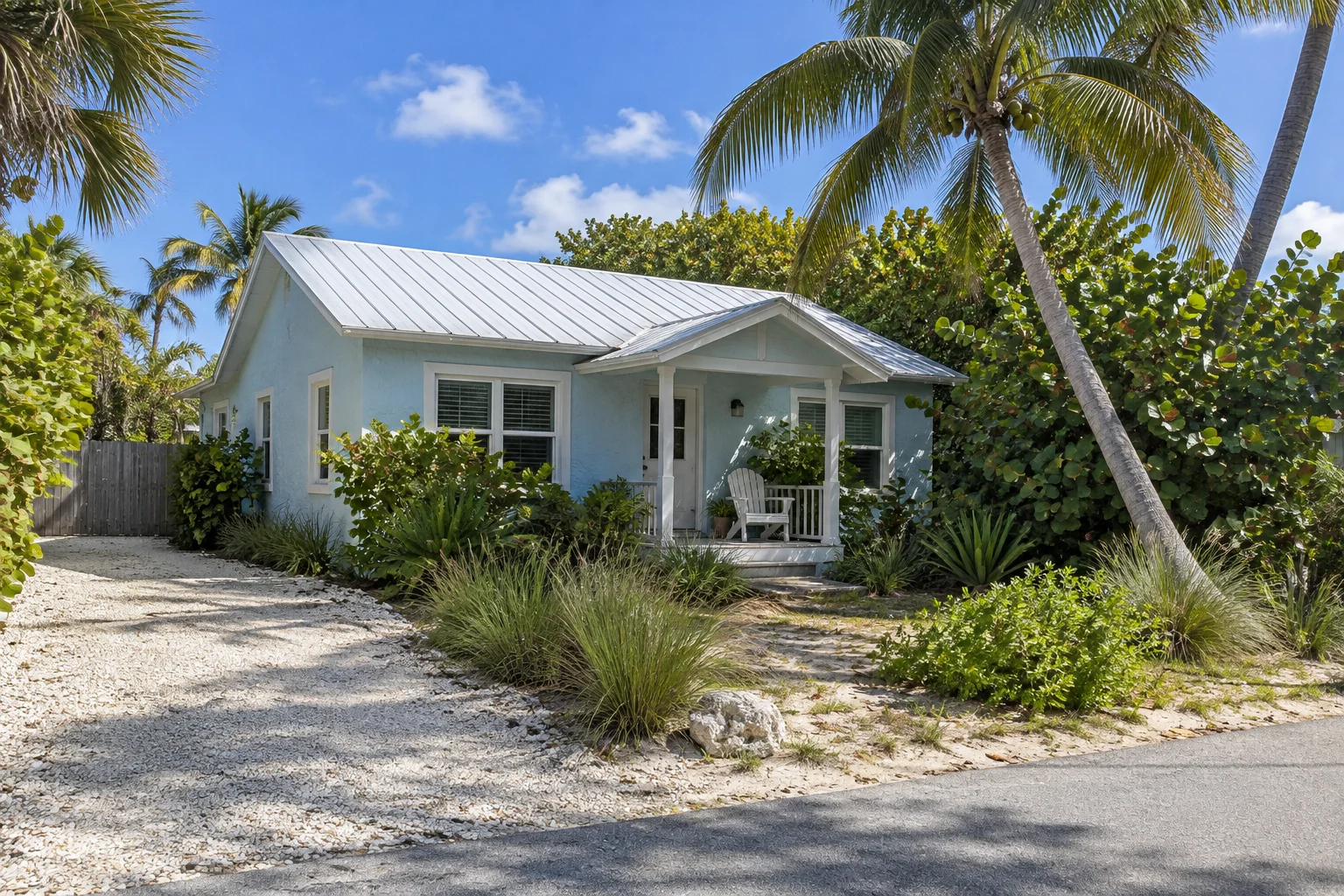 Light blue coastal cottage with white trim, sea grapes, palms, and a shell driveway.
