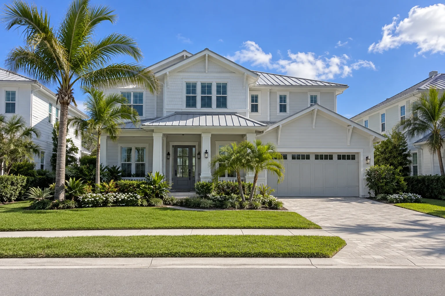 Two-story white and gray coastal home with metal roof accents and a manicured lawn.