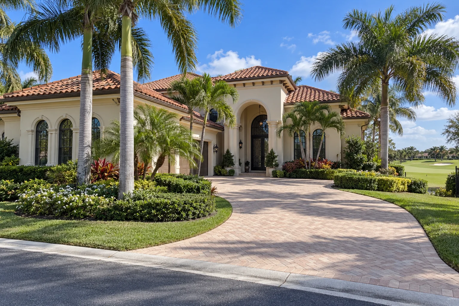 Mediterranean home with a terracotta roof and arched entry beside a golf fairway.