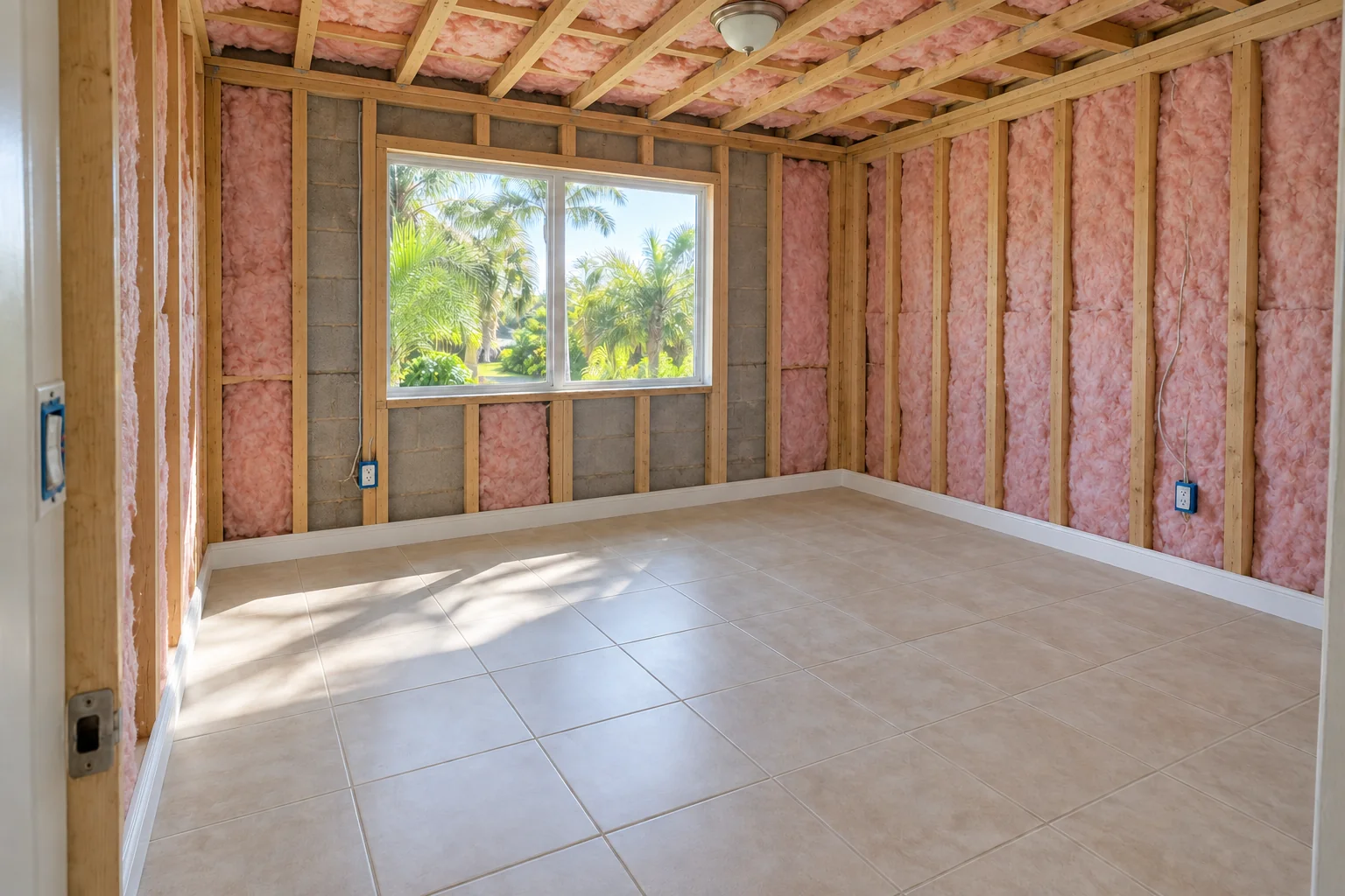 Unfinished bonus room with exposed wood framing, block, and insulation.