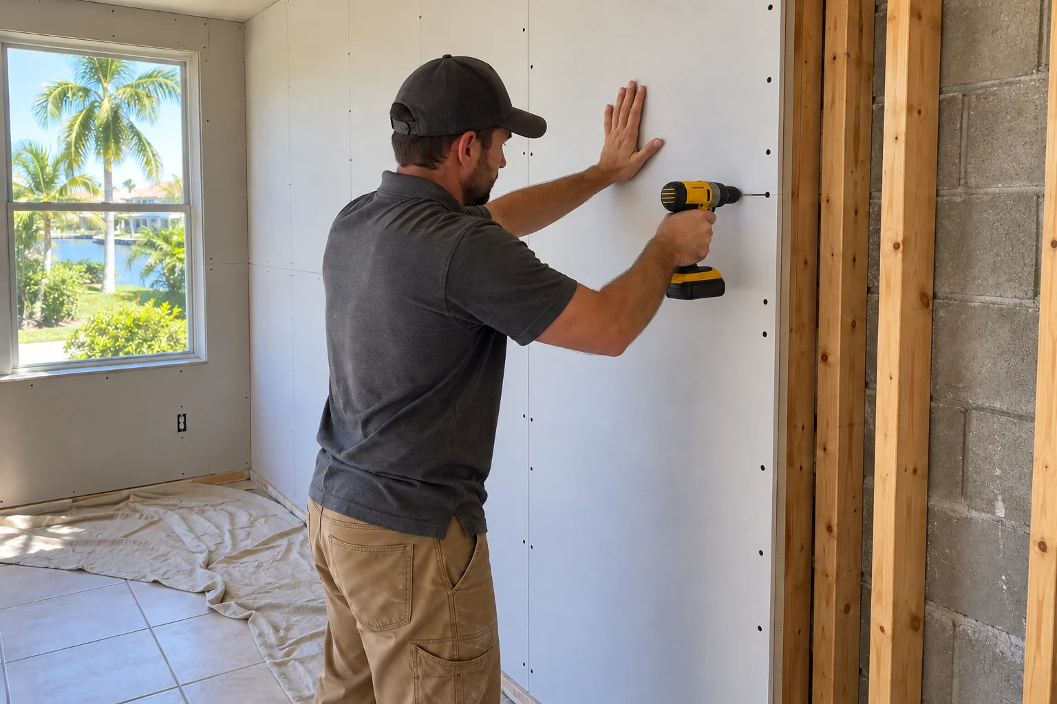 Crew member carrying drywall in a room with newly hung sheets.