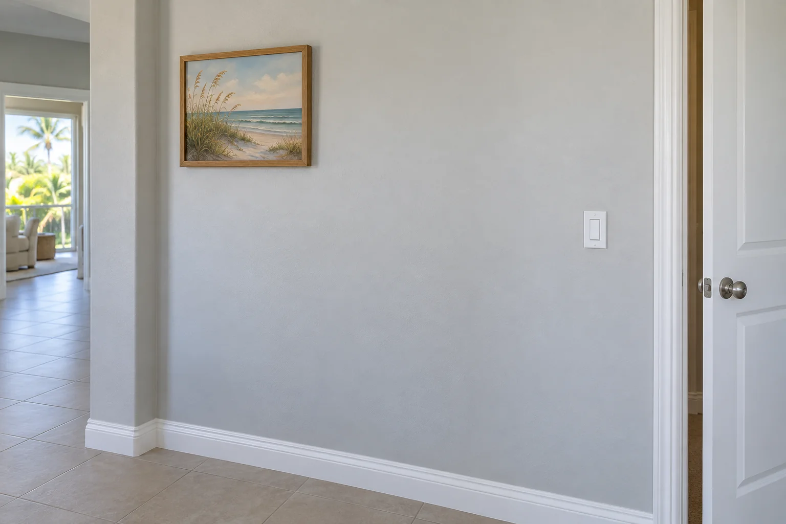Repaired soft gray hallway wall beside a light switch and framed picture.