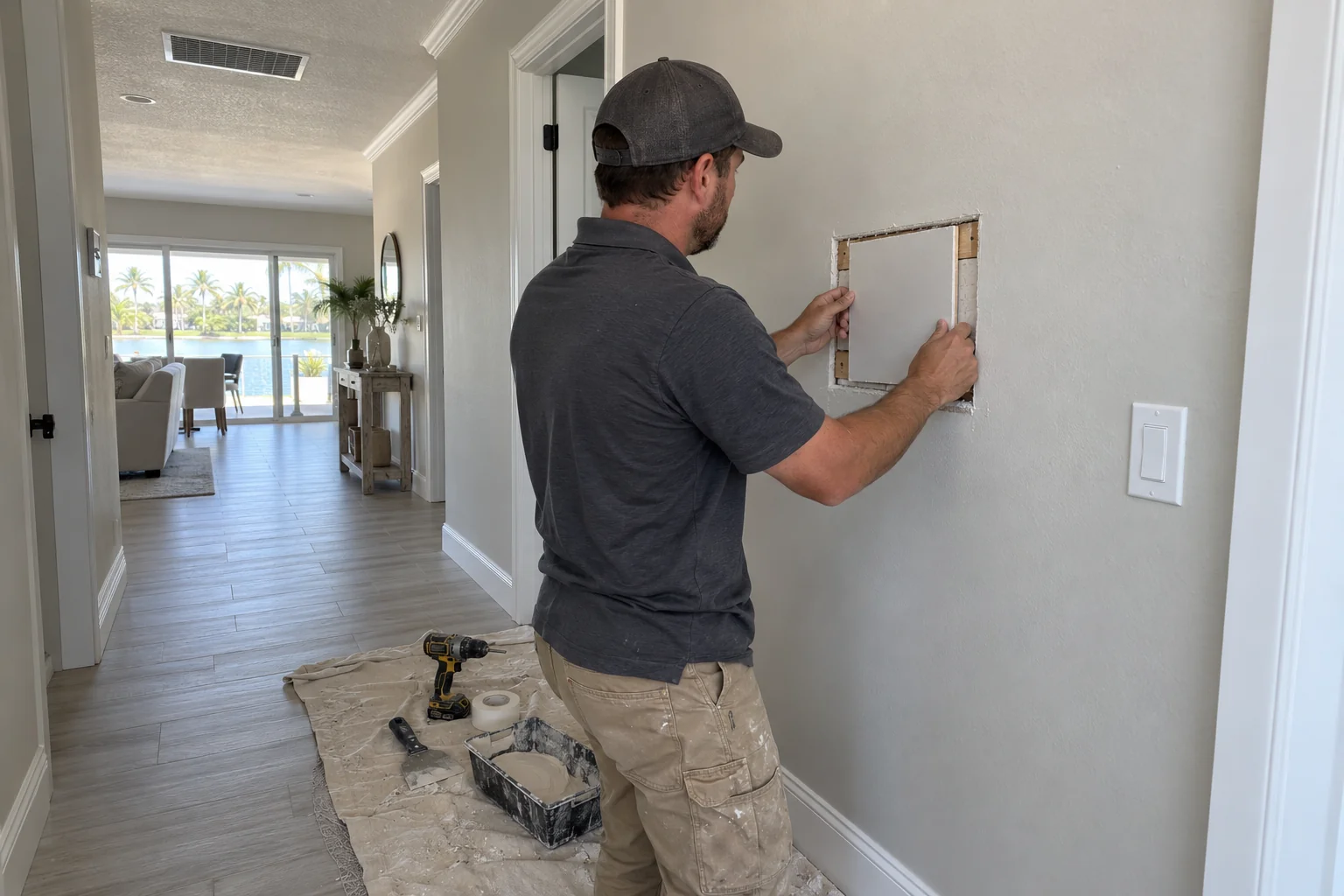 Crew member placing a square drywall patch in a hallway wall.