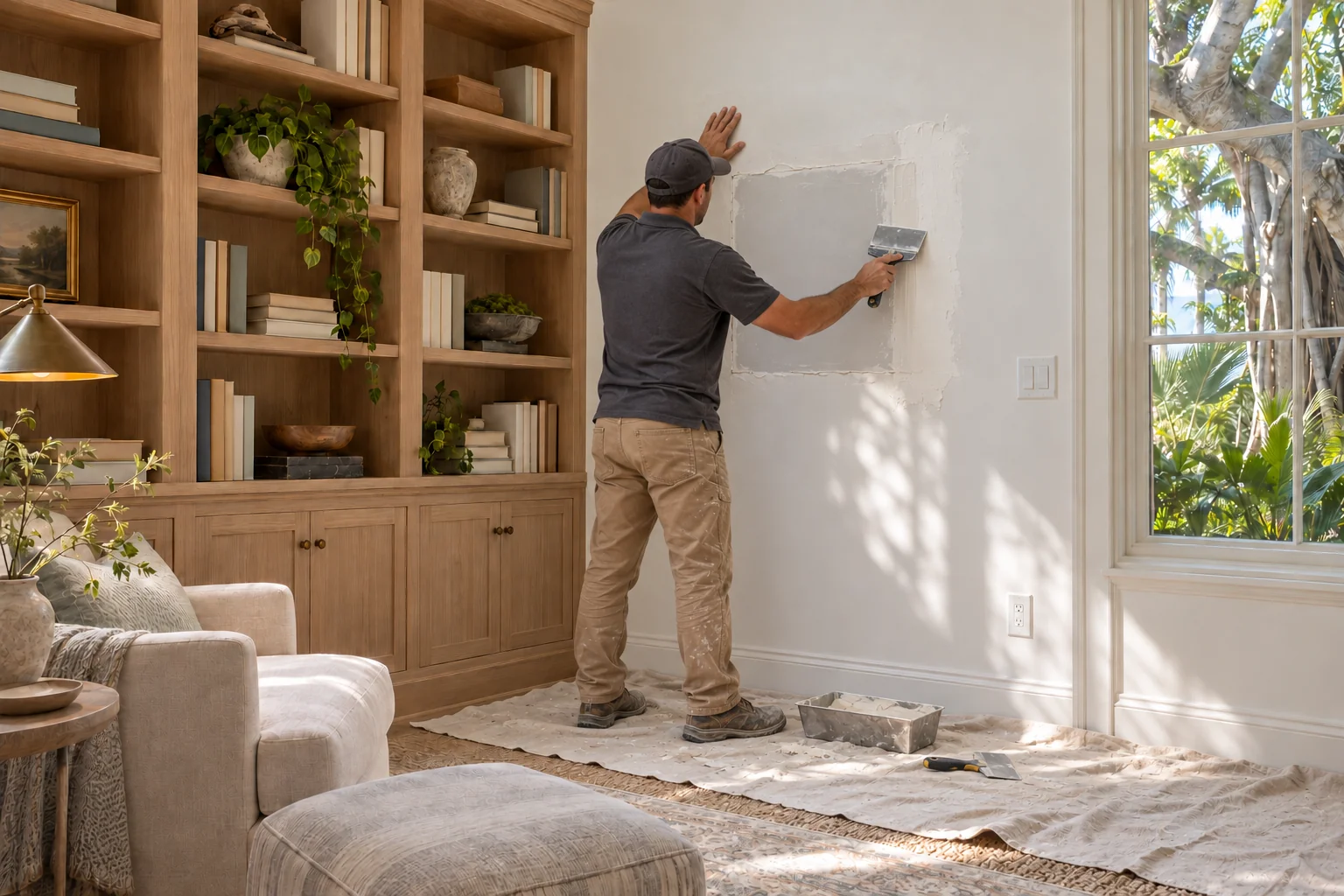 Crew member at work on a library wall with a visible square patch beside built-in shelves.