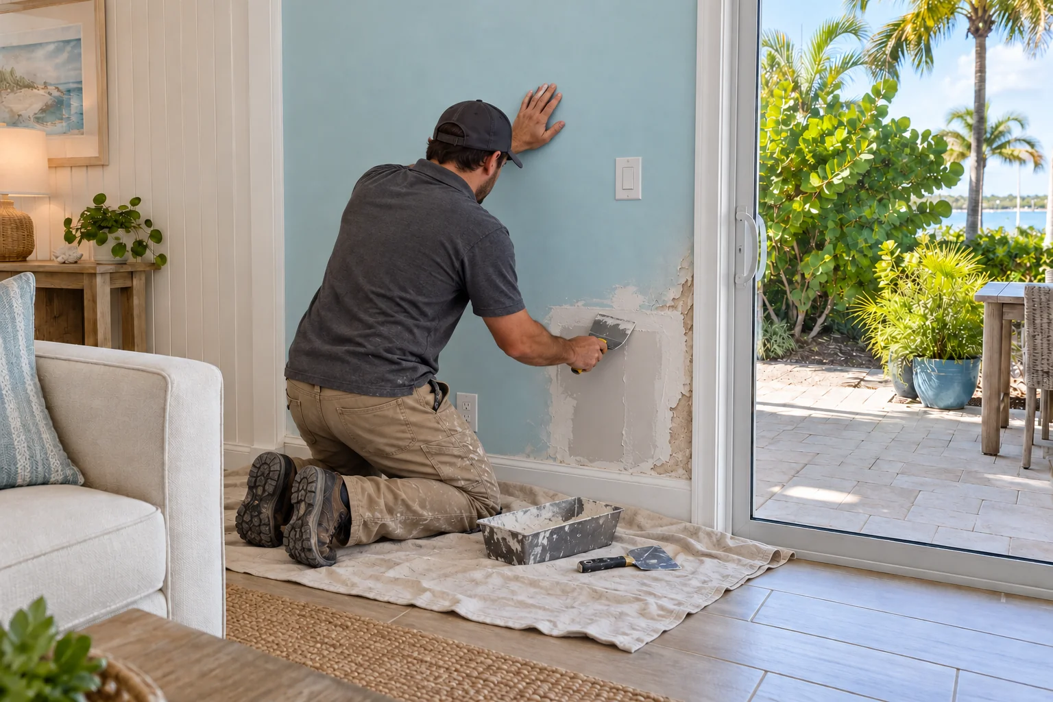 Crew member at work on a crumbling lower living room wall beside a sliding door.