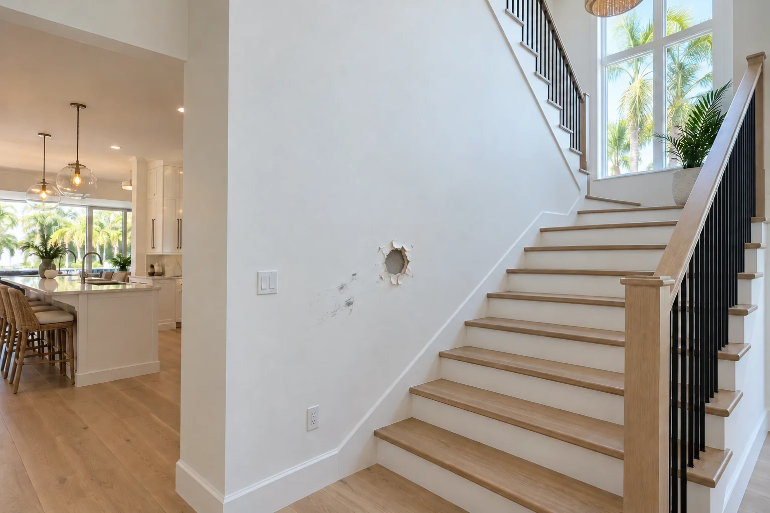 Stairway wall with an impact hole and scuffs.