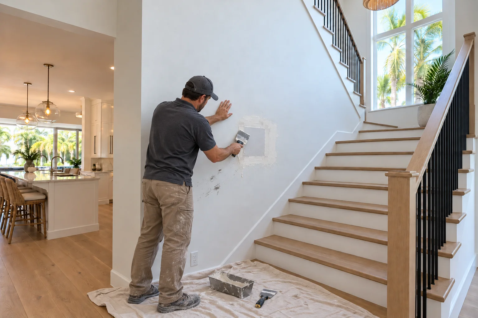 Crew member at work on a stairway wall with an impact hole and scuffs.