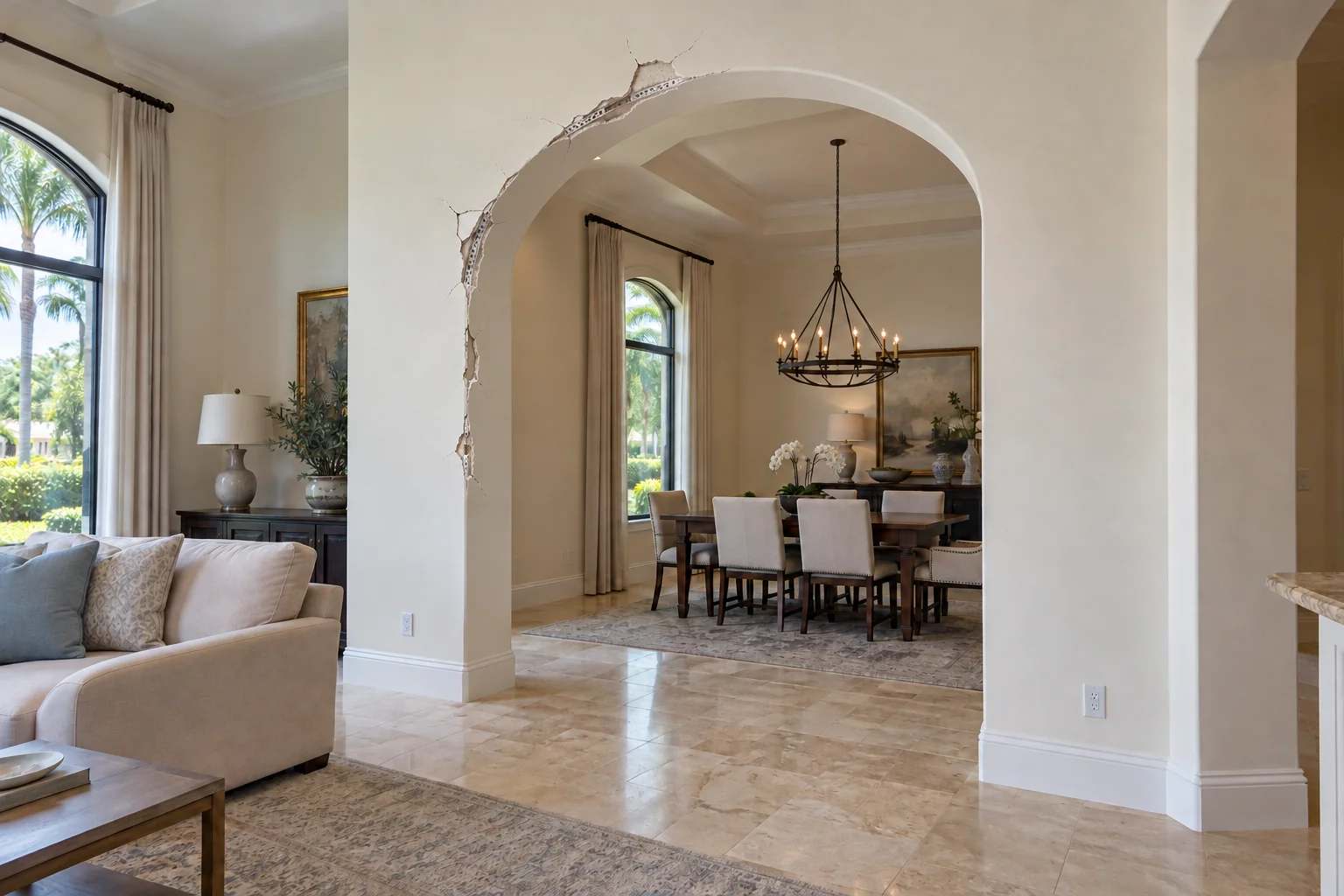 Interior arch with a chipped and cracked edge.