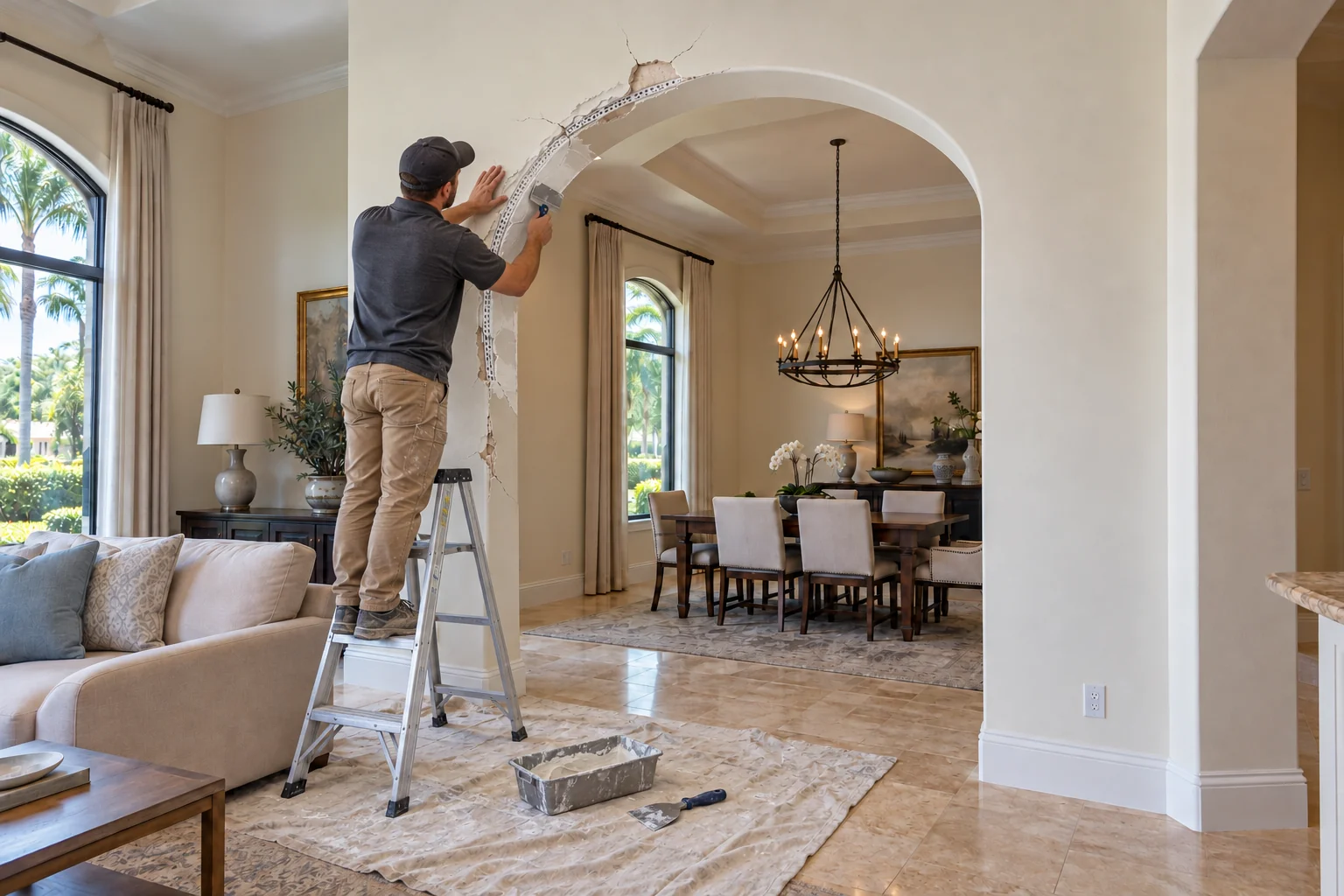 Crew member at work on an interior arch with a chipped and cracked edge.