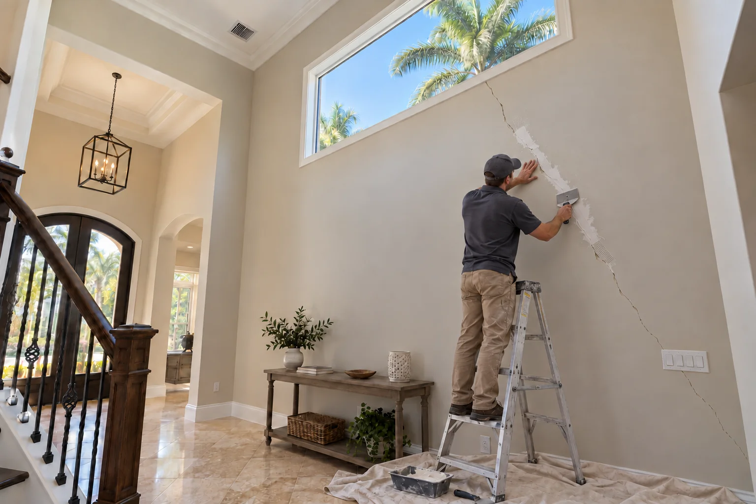 Crew member at work on a tall foyer wall with a diagonal crack below a high window.