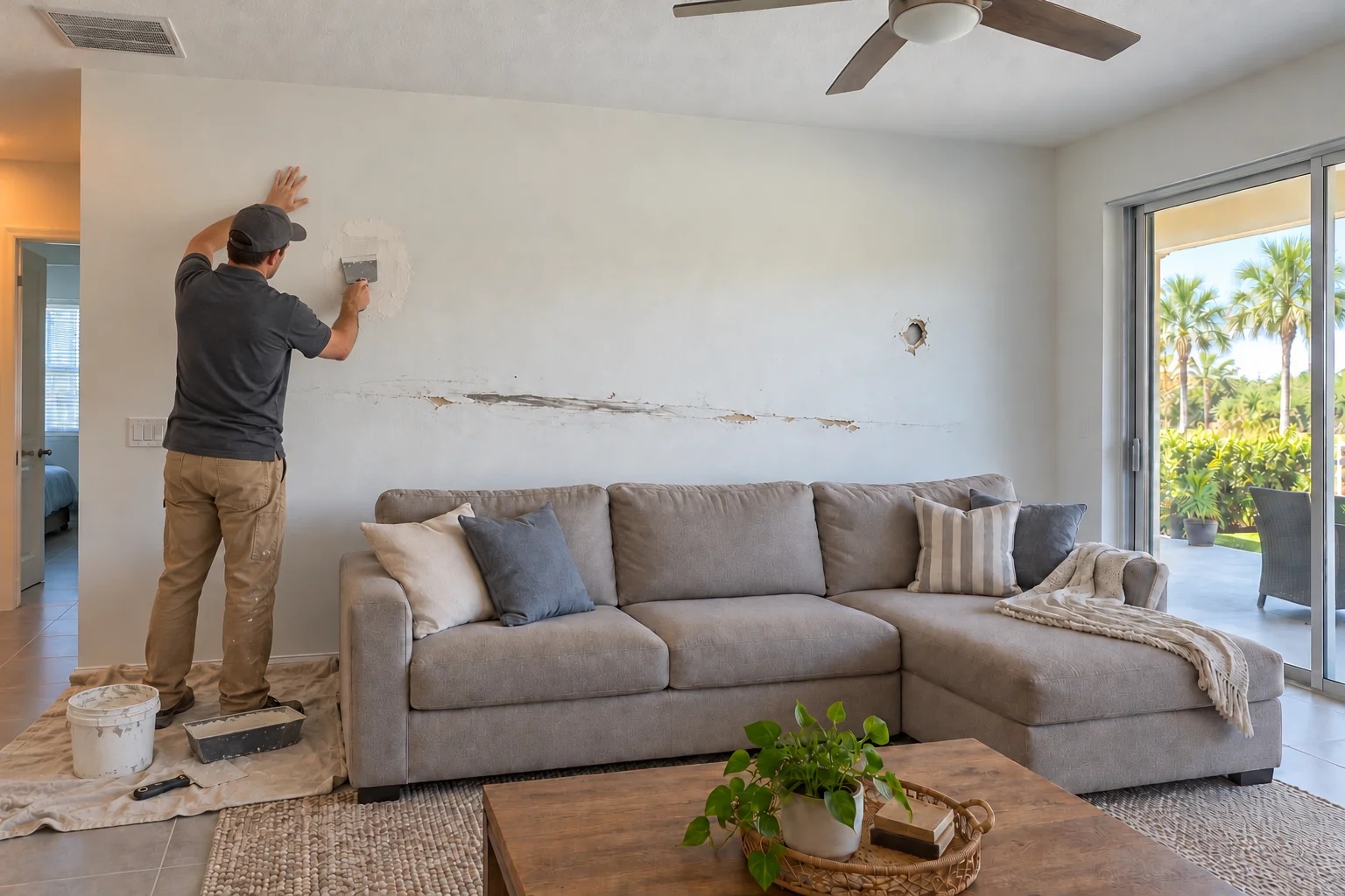 Crew member at work on a great room wall behind a sofa with two holes and a gouge.