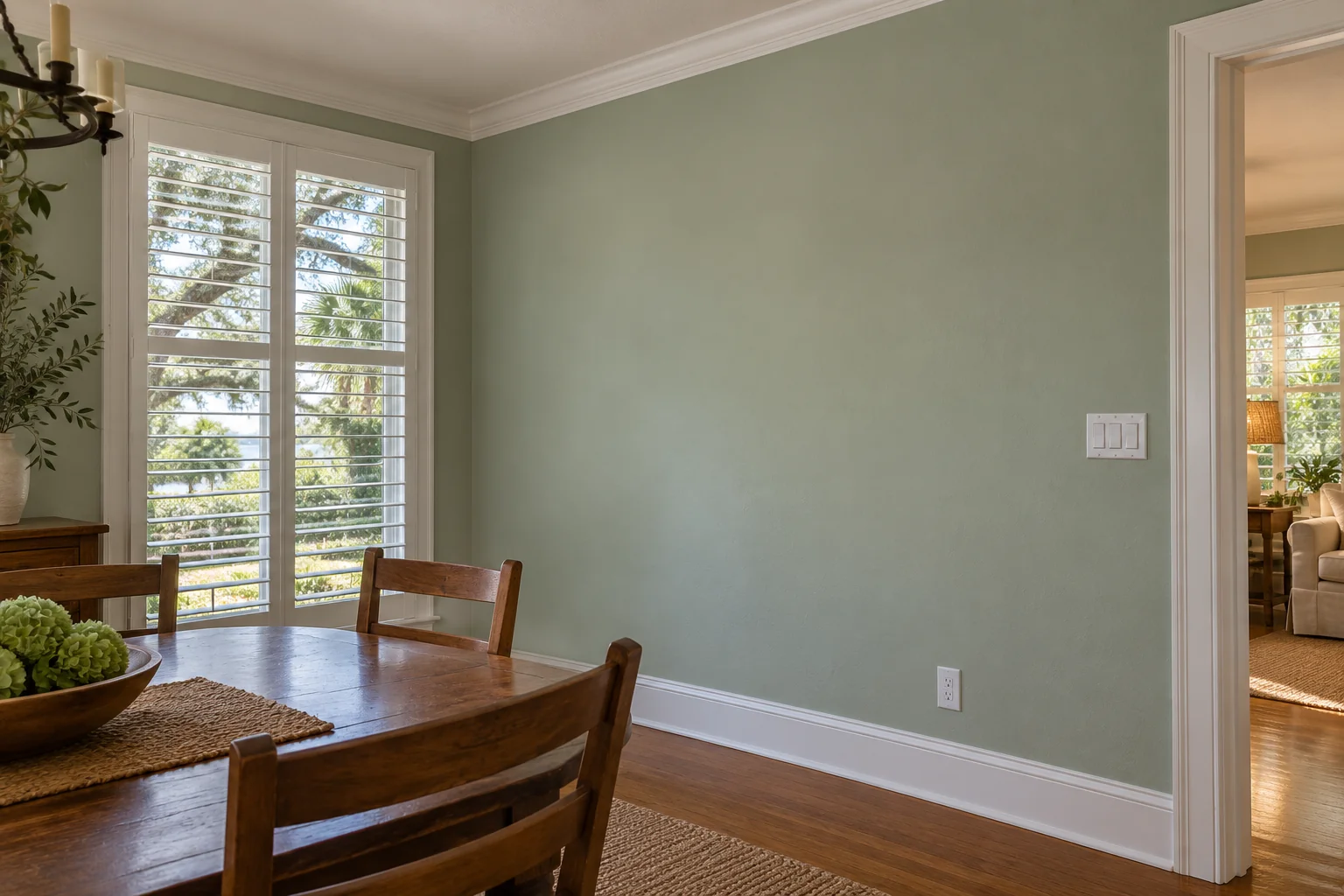 Repaired sage dining room wall near a window.