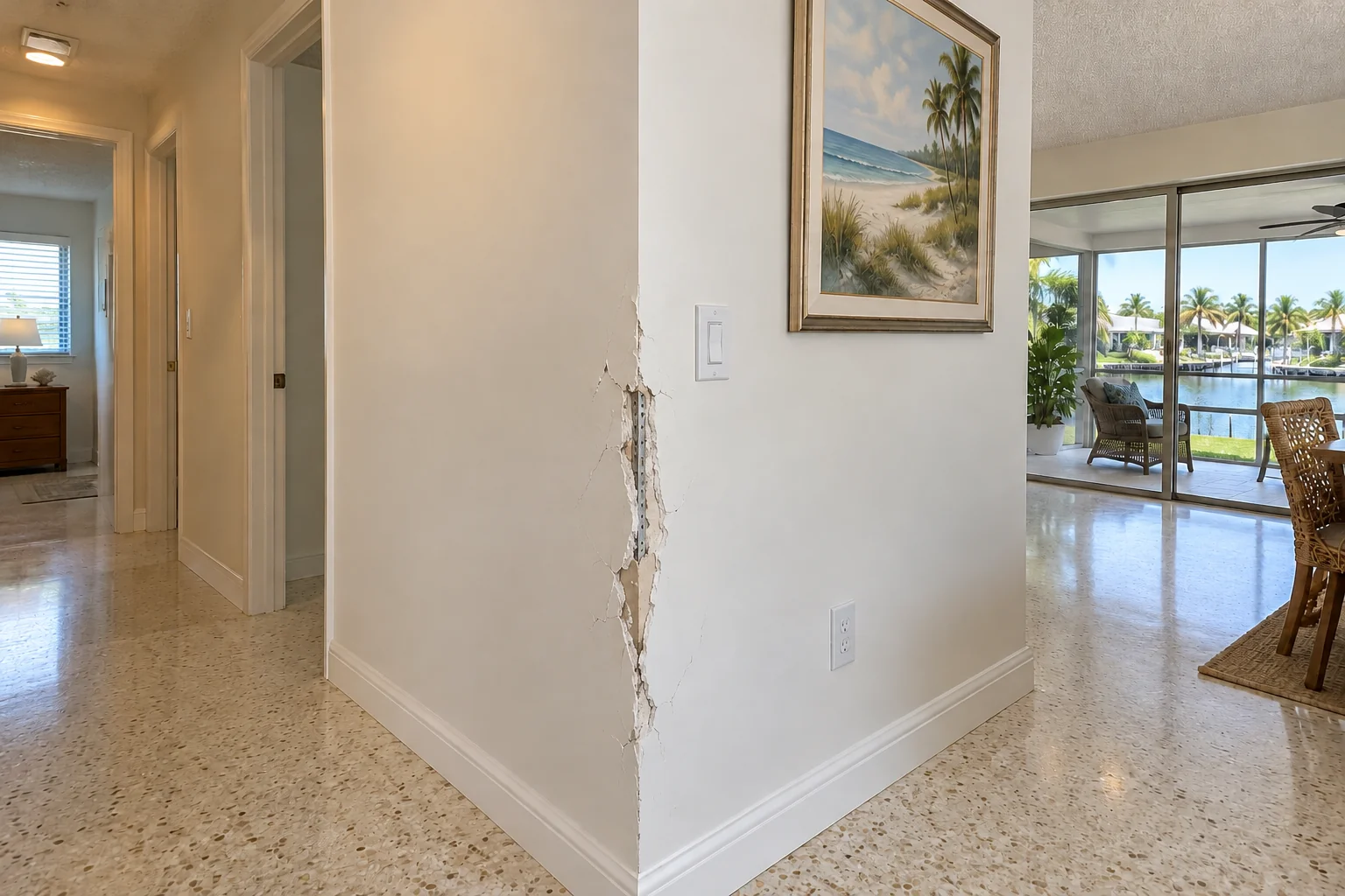 Hallway corner with dented and cracked corner bead.