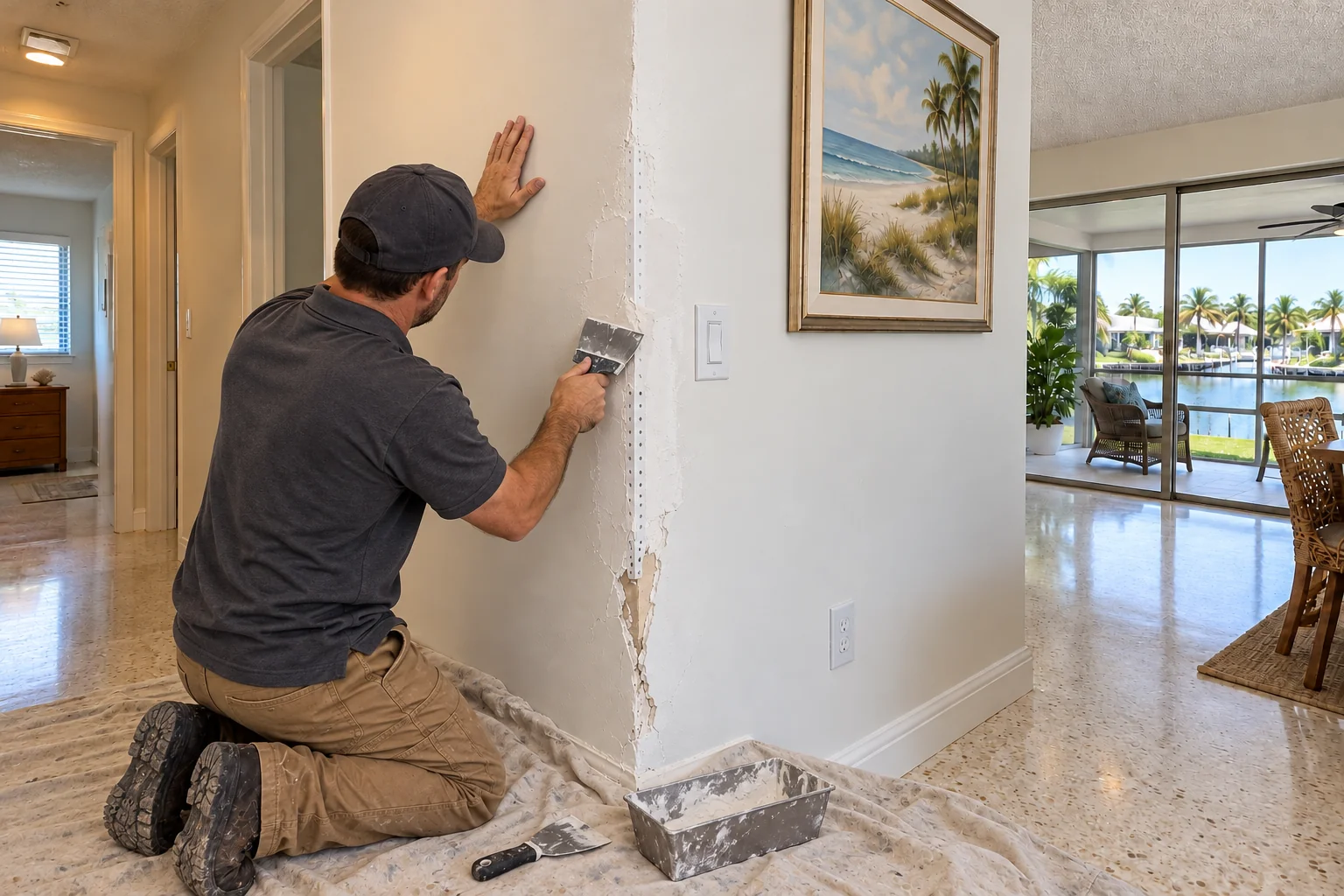 Crew member at work on a hallway corner with dented and cracked corner bead.