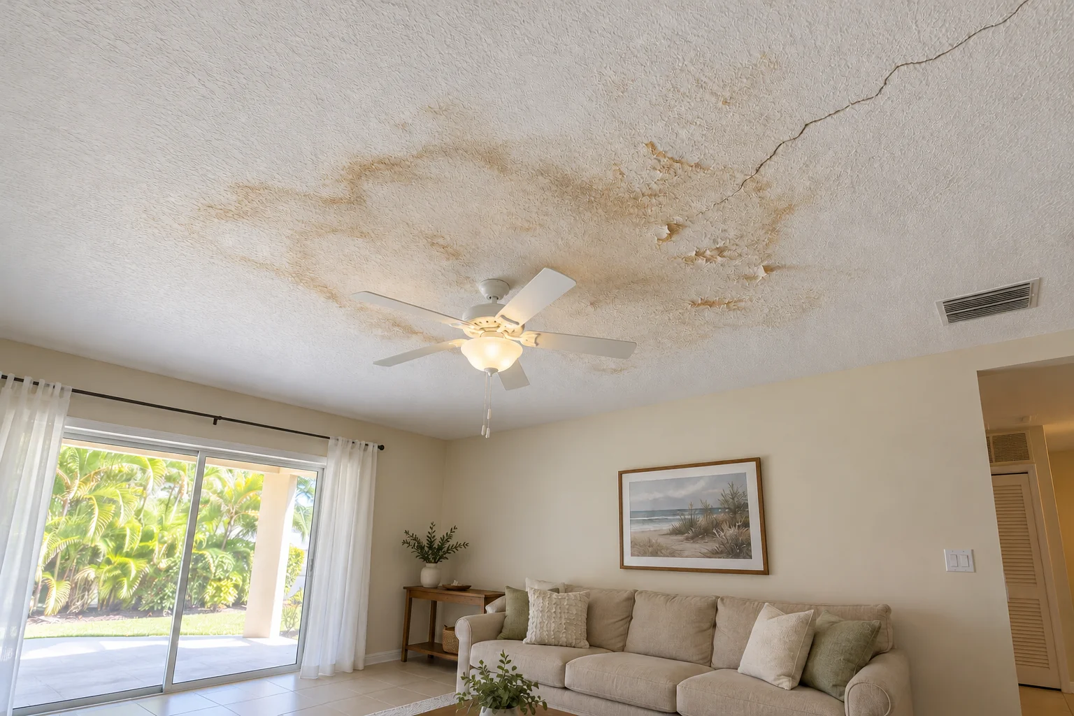 Brown water staining and cracked texture around a white living room ceiling fan.