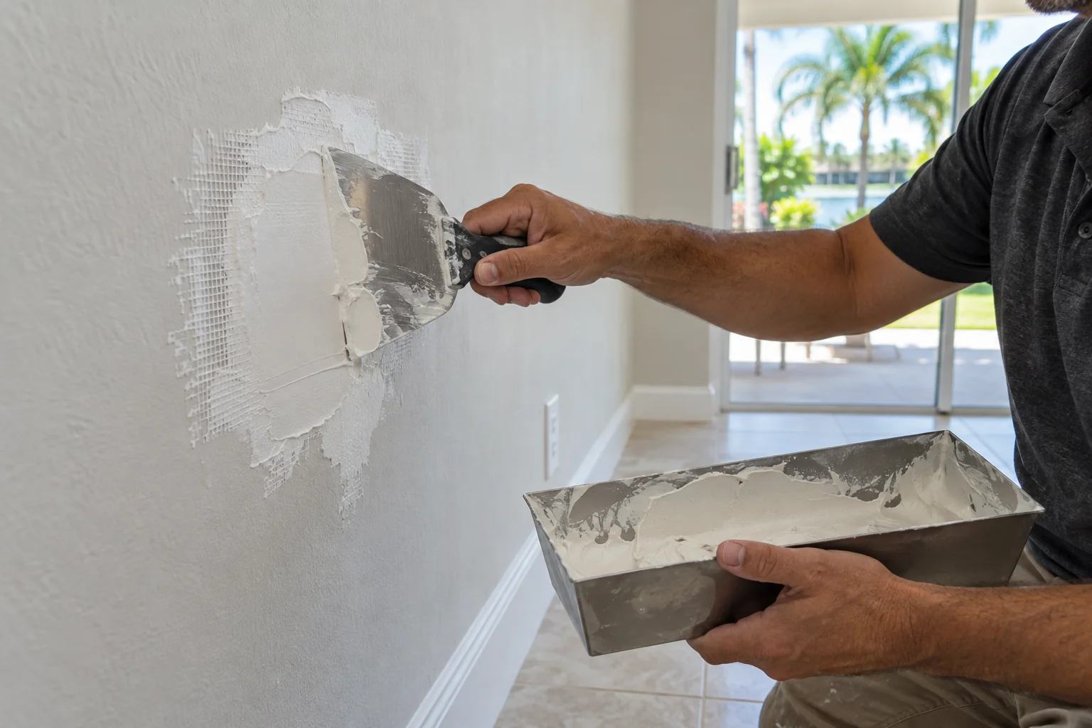 Hands using a taping knife and mud pan to apply compound over a wall patch.