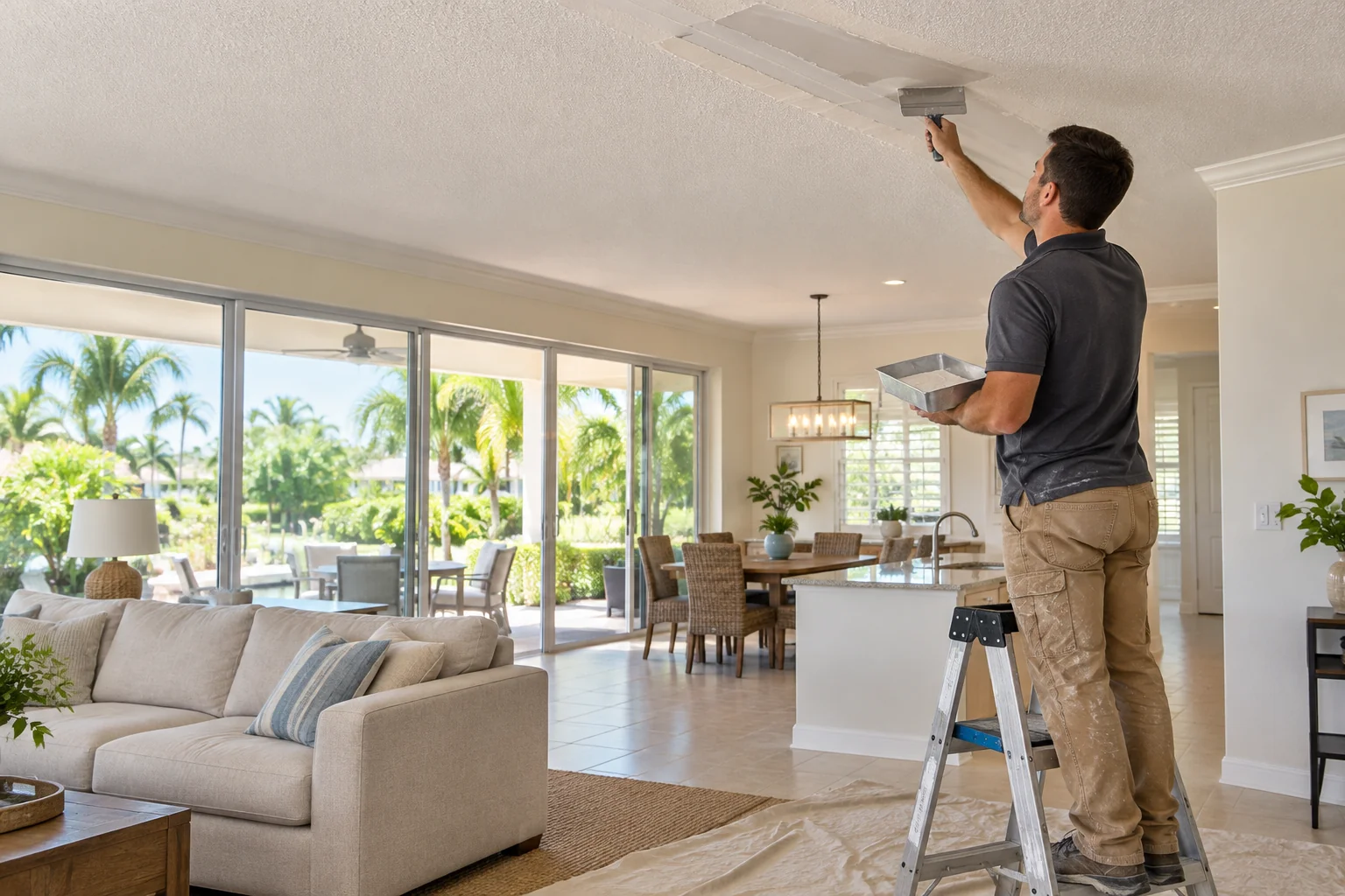 Crew member smoothing a ceiling patch with a taping knife in a bright living room.
