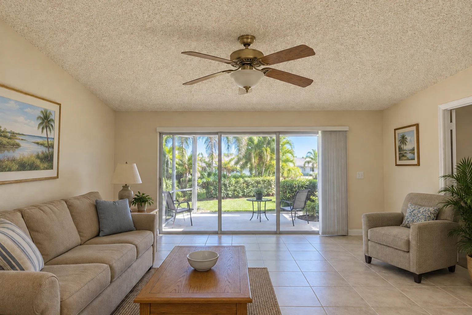 Living room with a heavy popcorn ceiling and a brass ceiling fan.