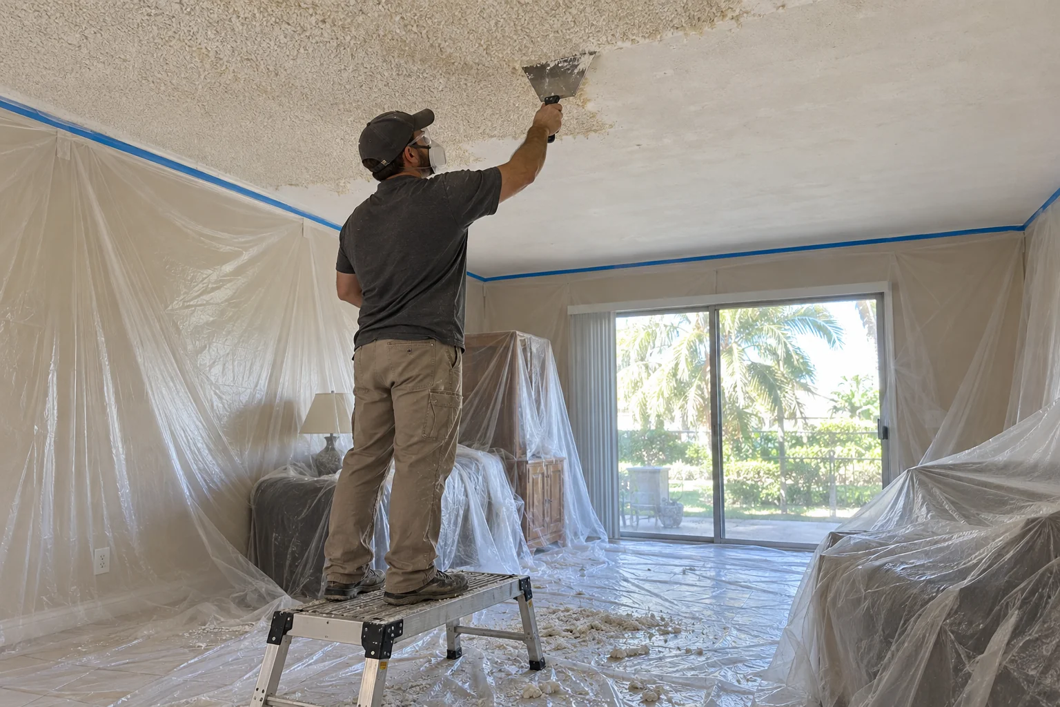 Crew member scraping ceiling texture in a living room protected by plastic sheeting.