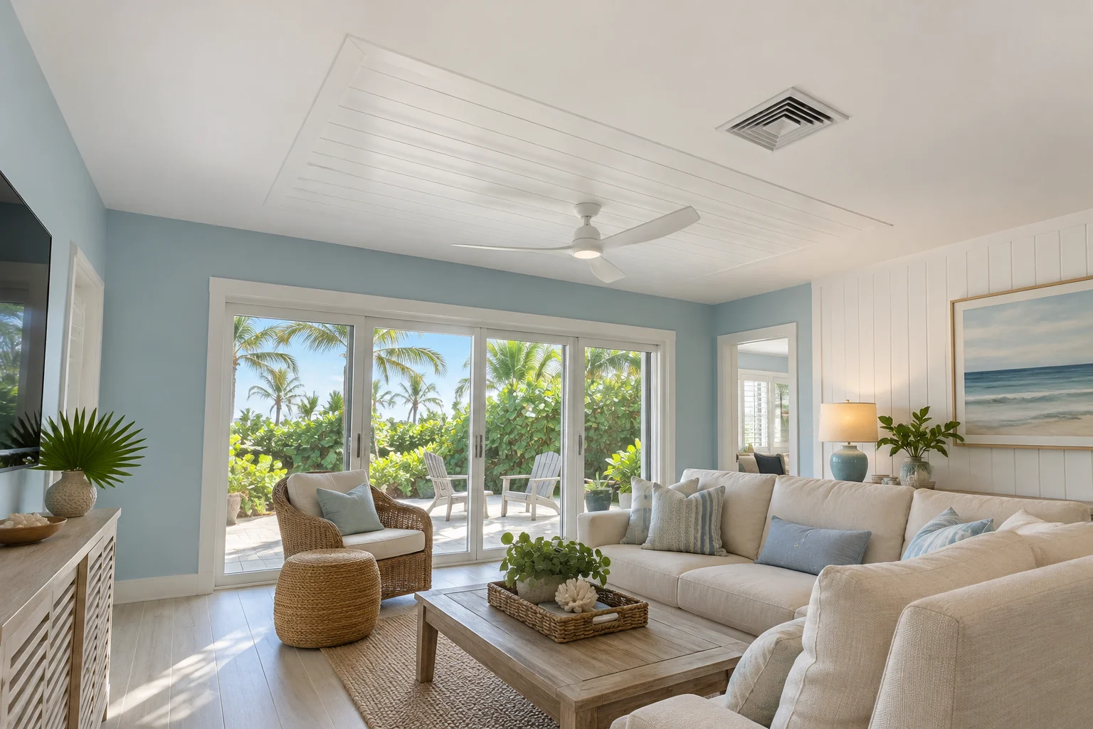 Smooth cottage living room ceiling with a white plank accent.