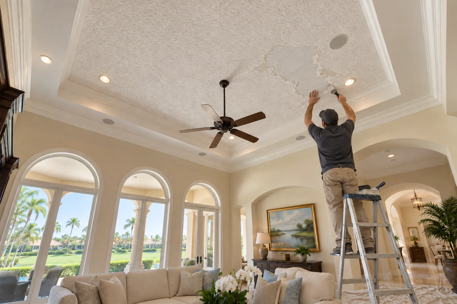 Crew member at work on a formal living room with a popcorn-textured tray ceiling.