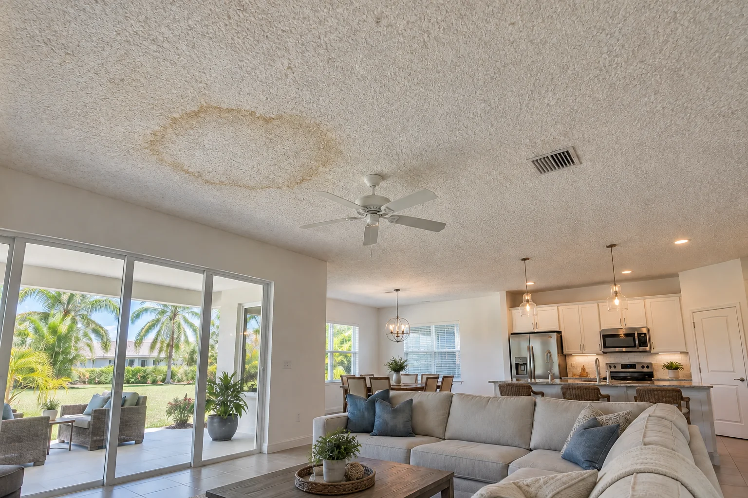 Great room ceiling with popcorn texture and a water ring.