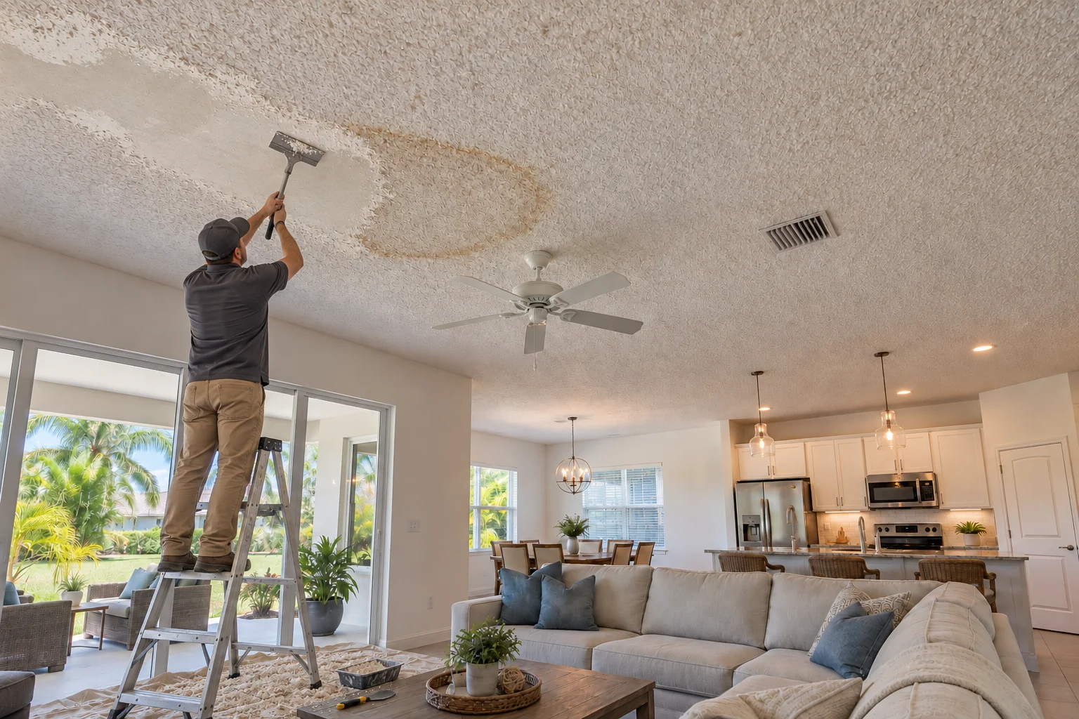 Crew member at work on a great room ceiling with popcorn texture and a water ring.