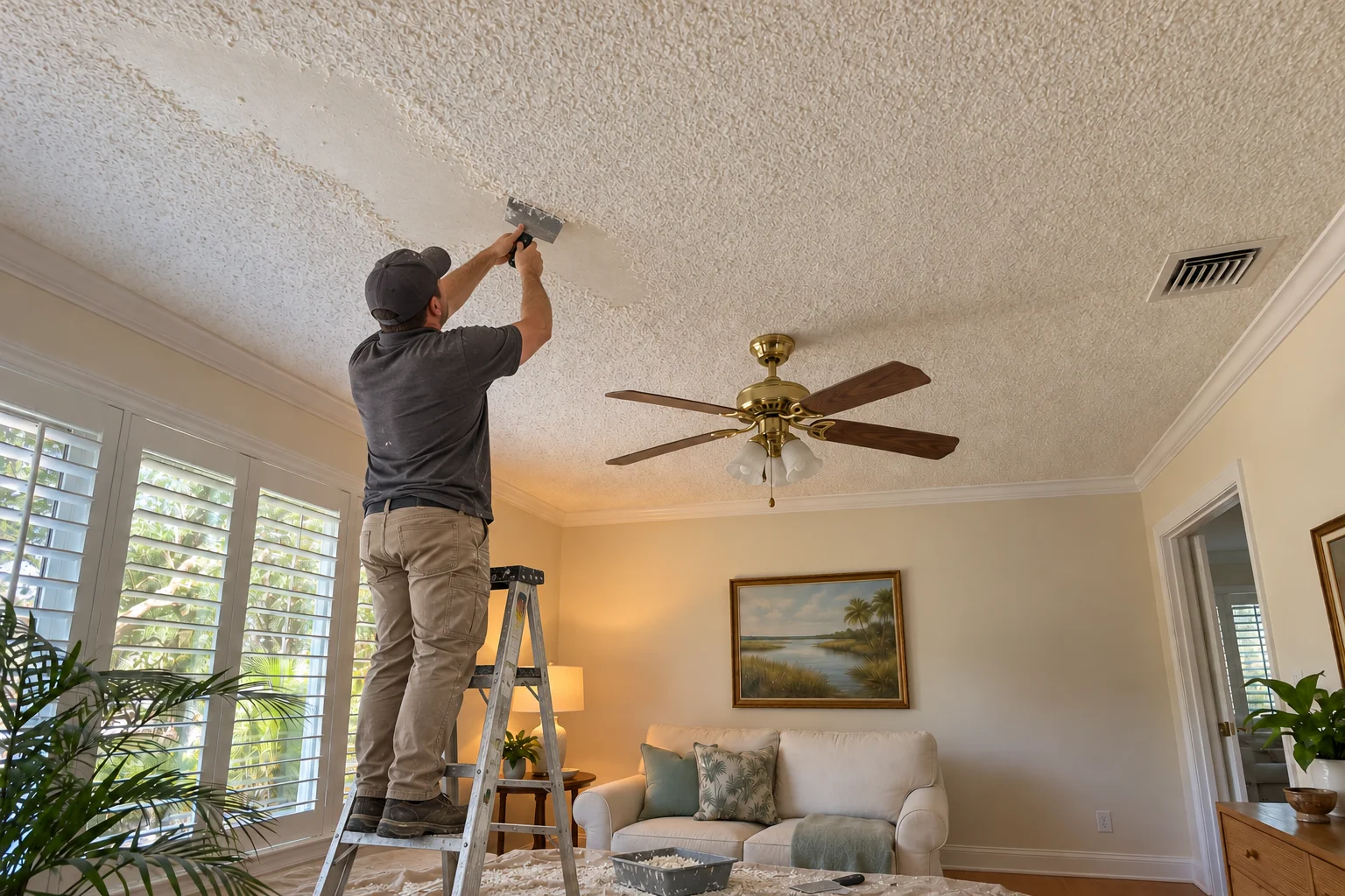 Crew member at work on a small den with a yellowed popcorn ceiling and brass fan.