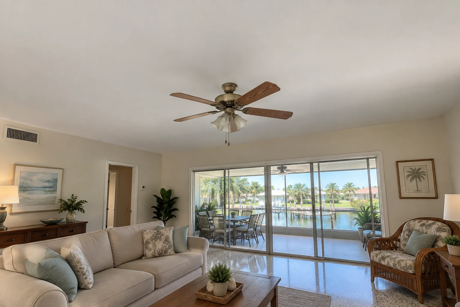 Smooth white ranch living room ceiling.