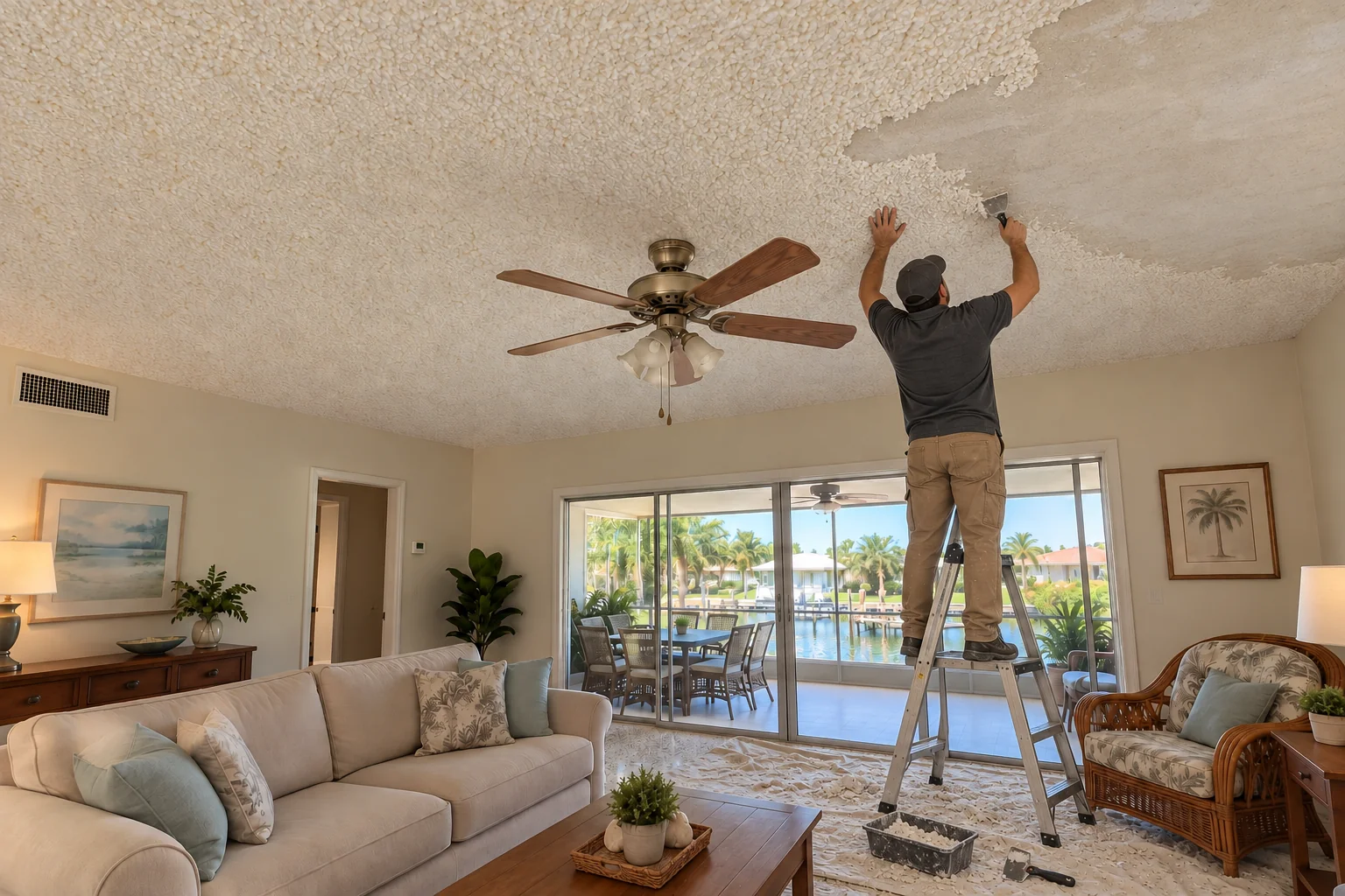 Crew member at work on a ranch living room ceiling with heavy popcorn texture.