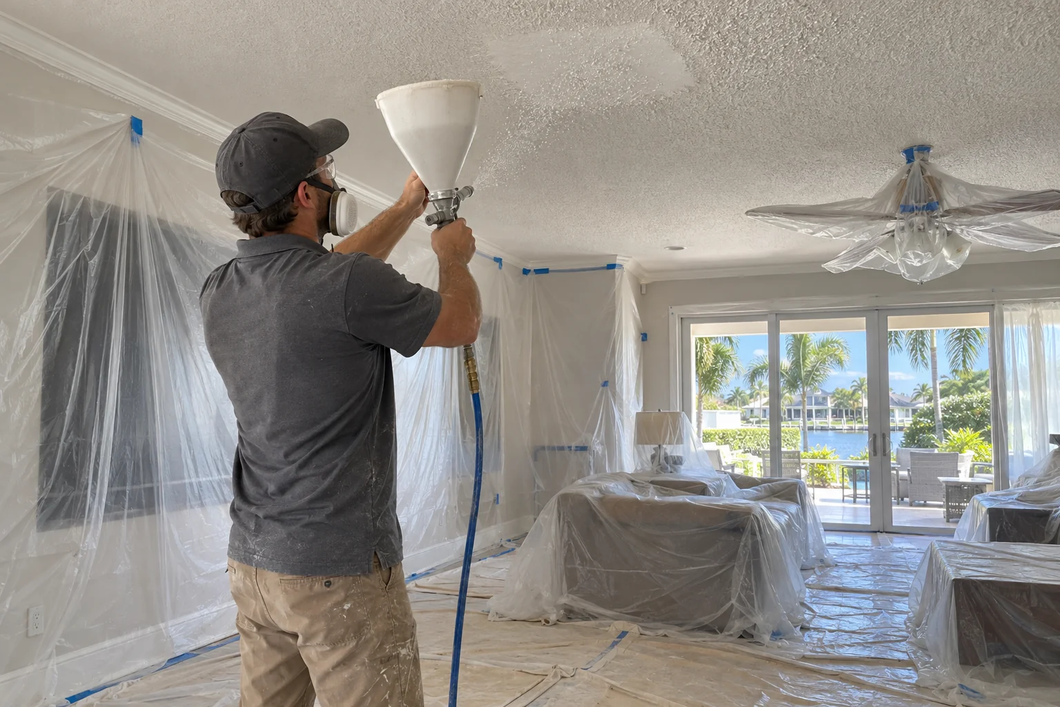 Crew member applying knockdown texture to a masked ceiling repair area.