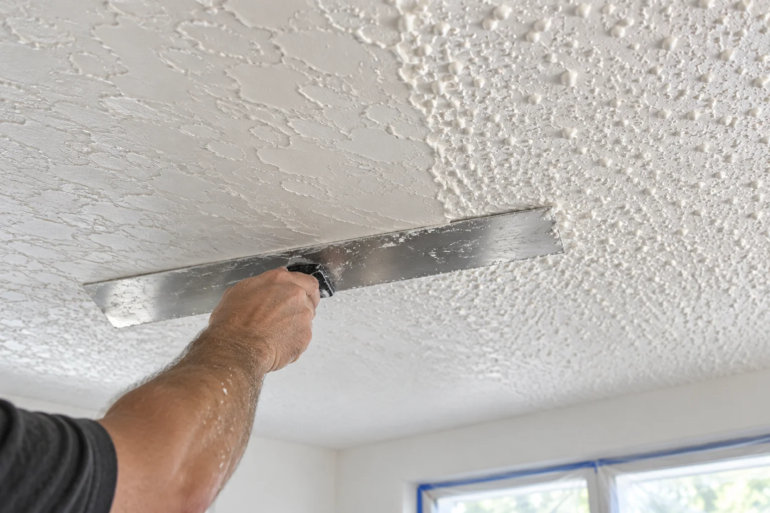 Wide knockdown knife flattening fresh ceiling texture.