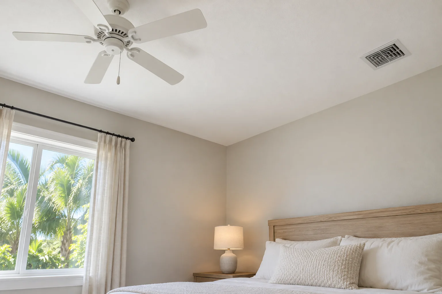 Repaired and painted bedroom ceiling and upper wall corner.