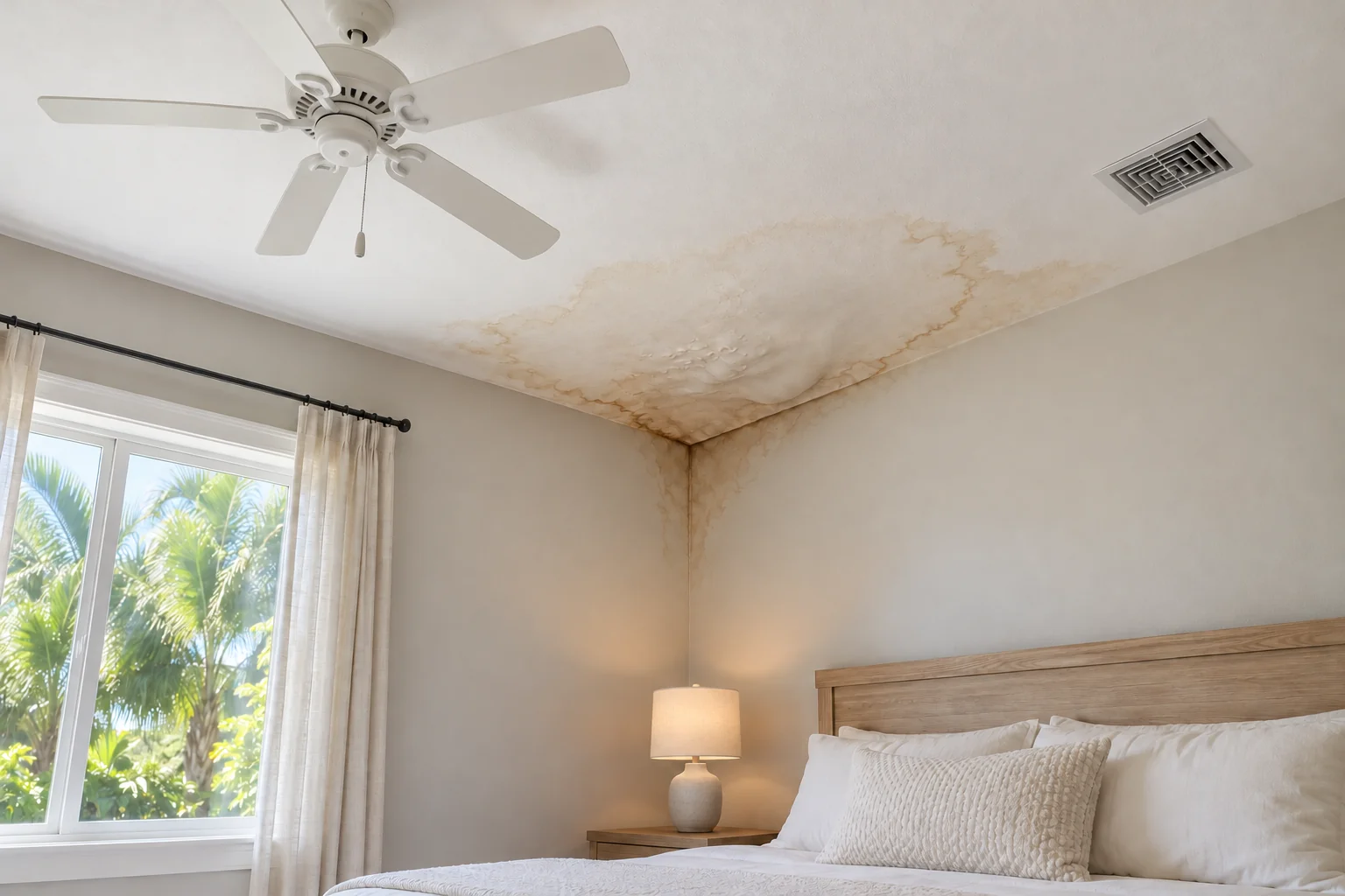 Water stain, bubbled paint, and sagging drywall at a bedroom ceiling corner.