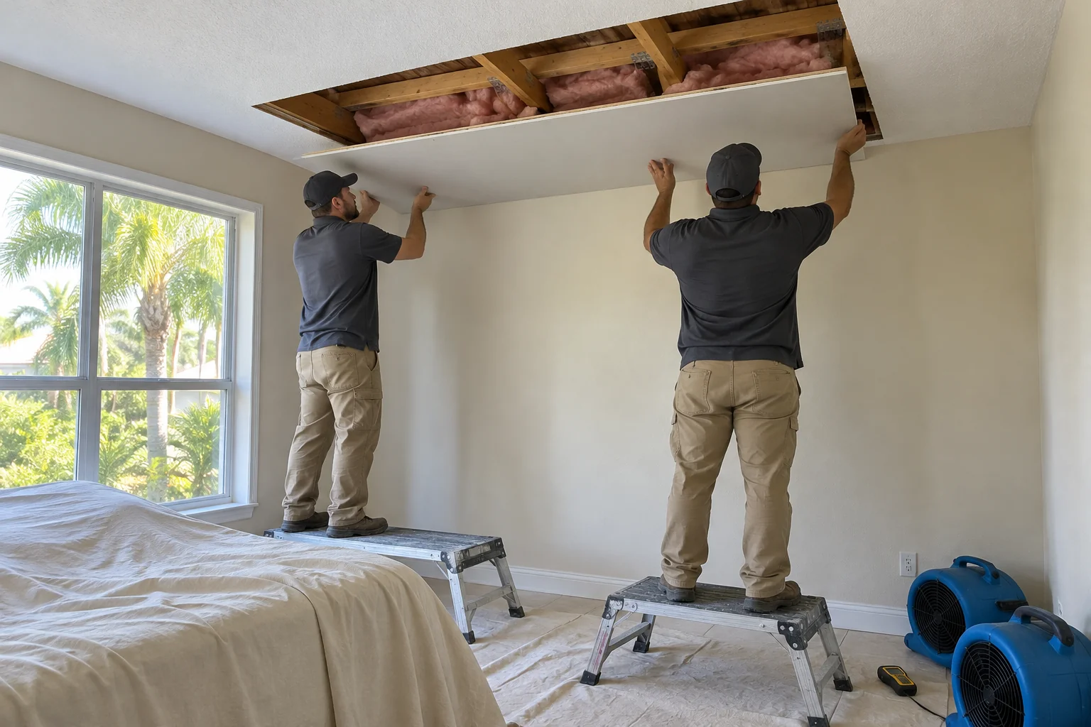 New drywall being lifted into a bedroom ceiling opening beneath exposed roof framing.