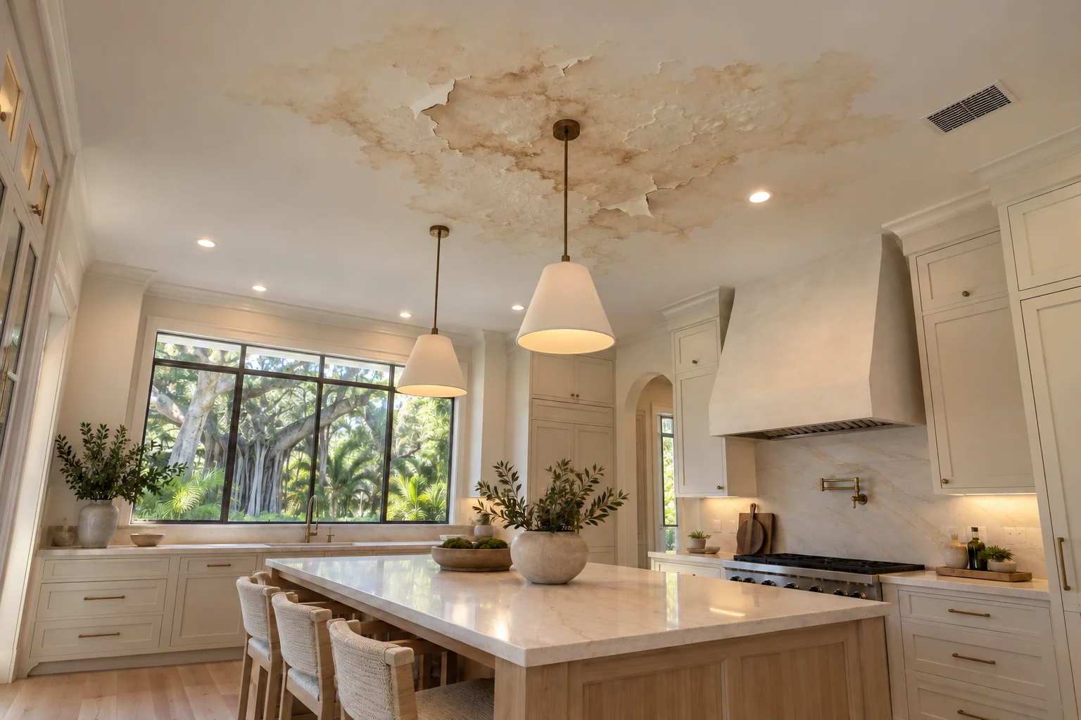 Kitchen ceiling with a water stain and peeling paint.