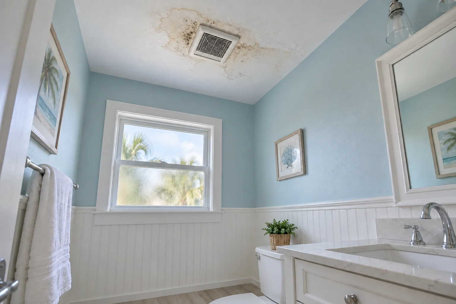Bathroom ceiling with a dark spotted water stain near a vent.