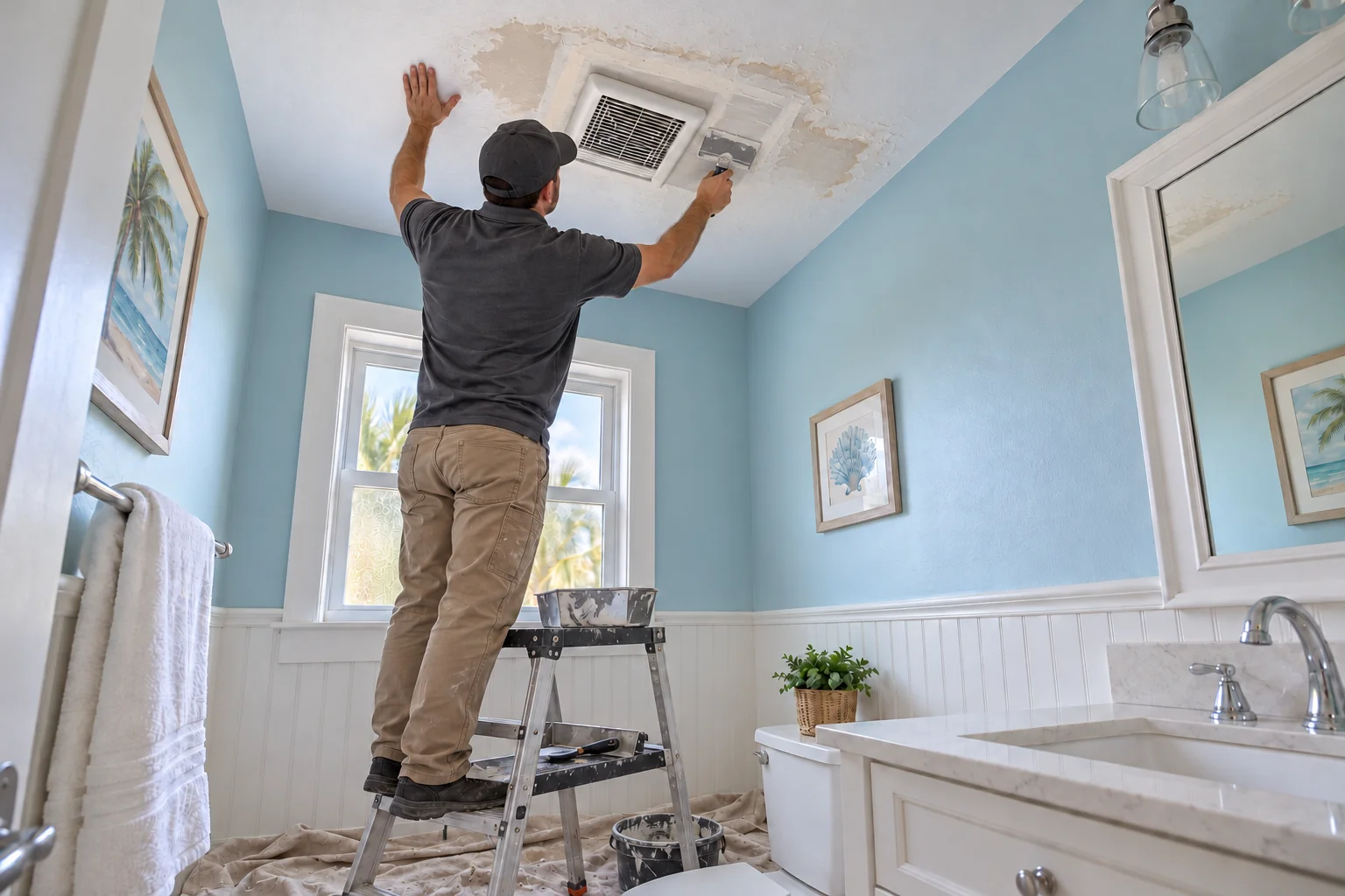 Crew member at work on a bathroom ceiling with a dark spotted water stain near a vent.