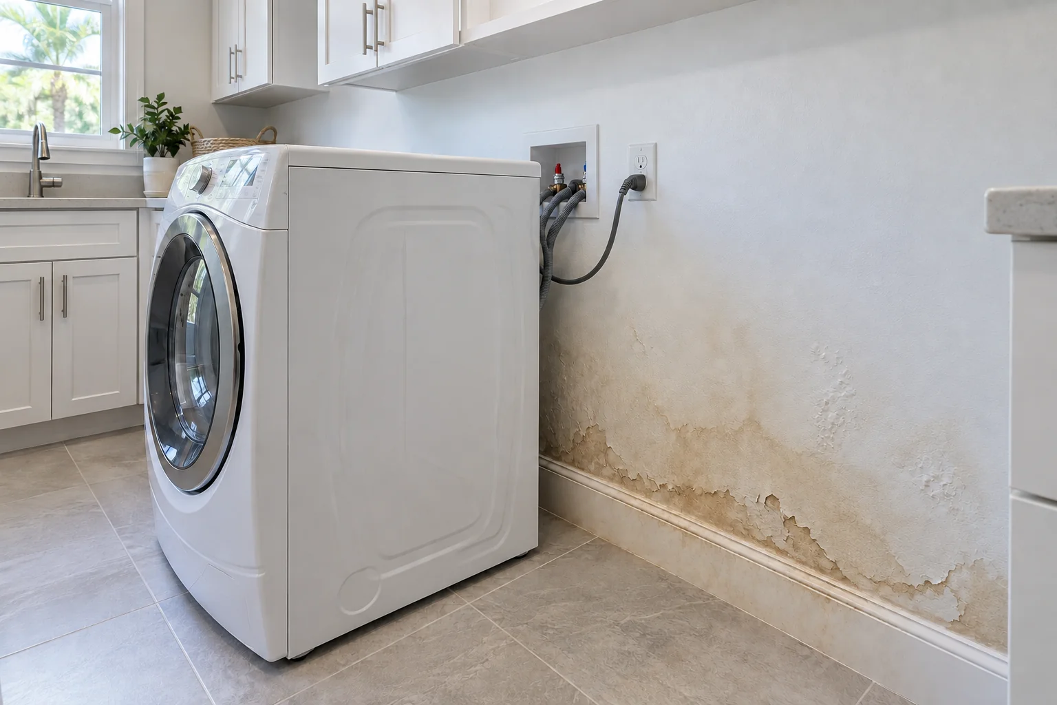 Swollen stained laundry room drywall behind a washer.