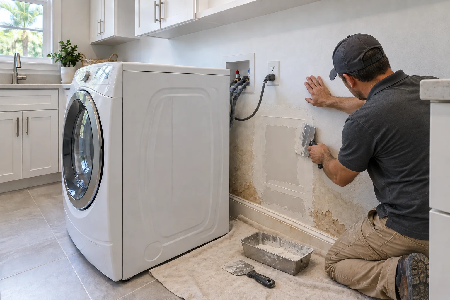 Crew member at work on a swollen stained laundry room drywall behind a washer.