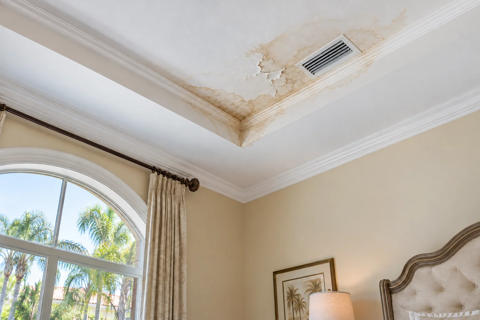 Tray ceiling with a spreading water stain.