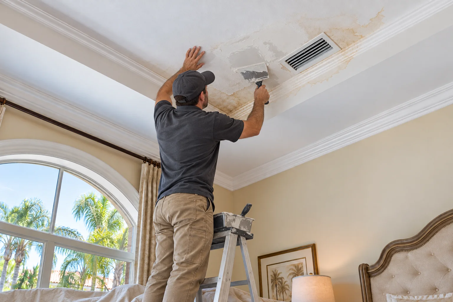 Crew member at work on a tray ceiling with a spreading water stain.