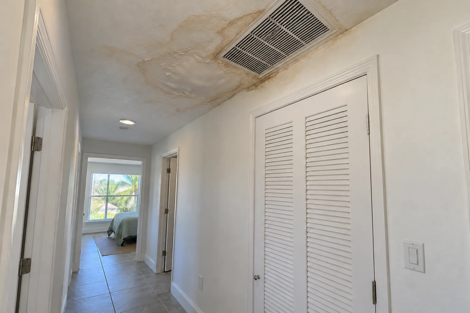 Stained and sagging hall ceiling beside an air handler closet.