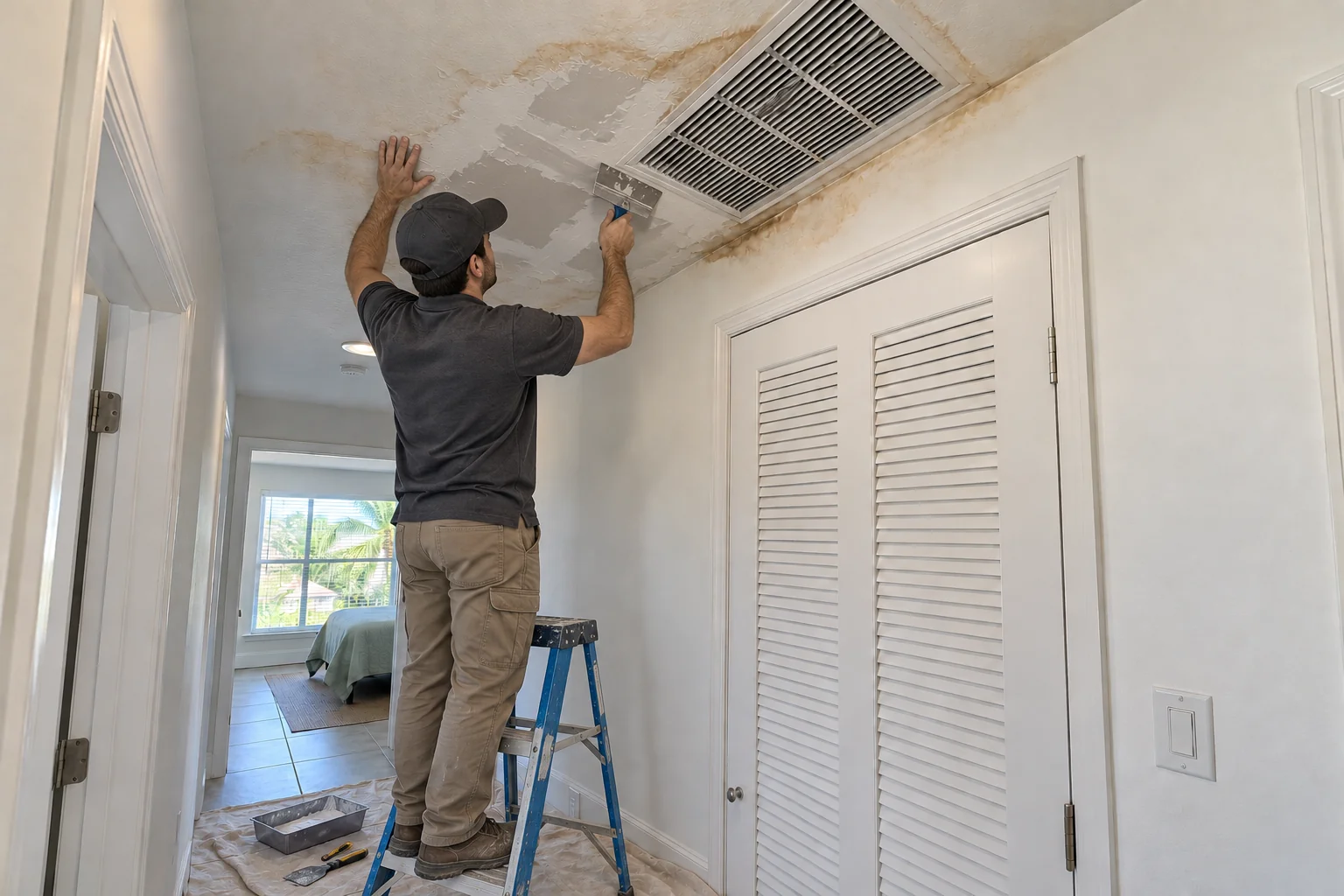 Crew member at work on a stained and sagging hall ceiling beside an air handler closet.