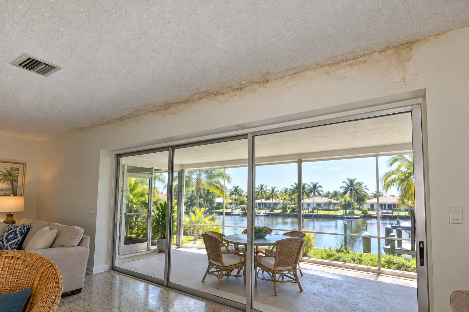 Ceiling stain above a sliding door to a lanai.
